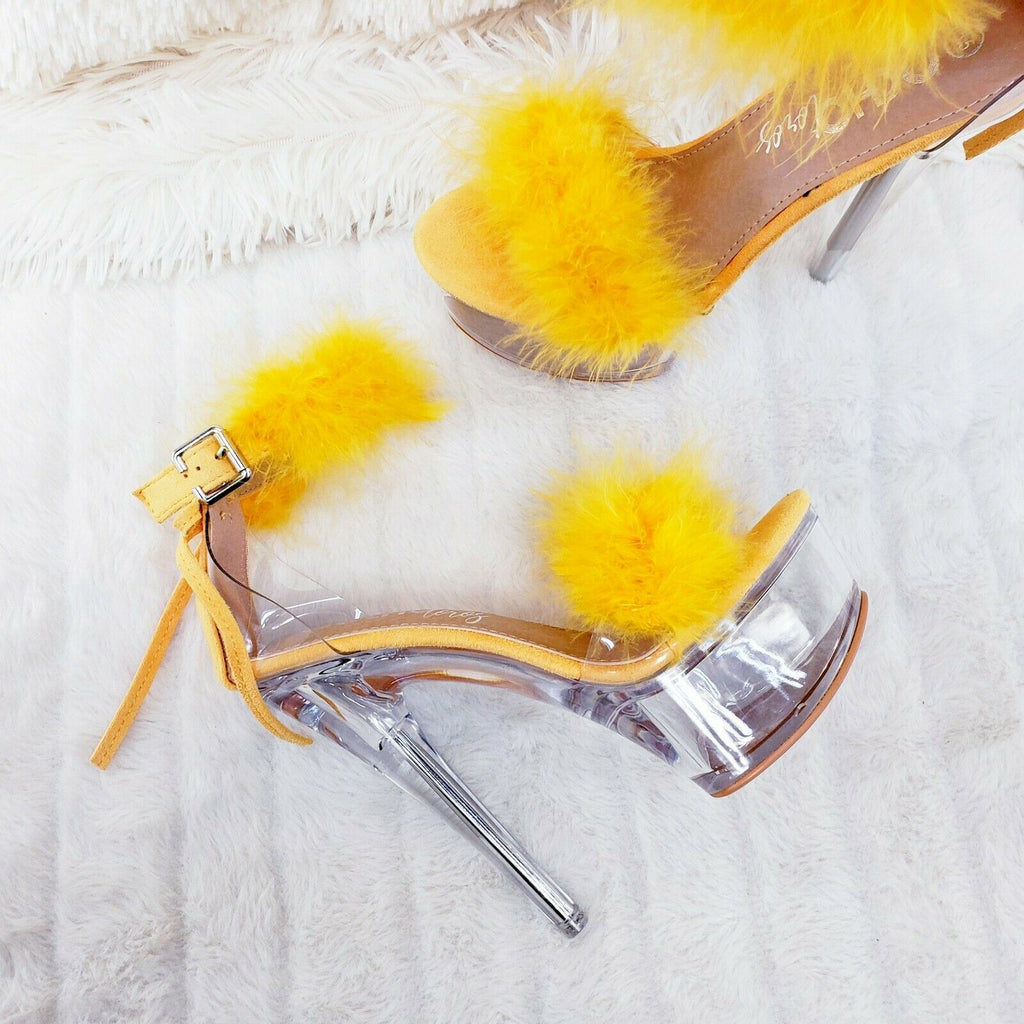 Yellow Marabou Feather Platform Shoes Sandals 6" High Heel Sandals Shoes - Totally Wicked Footwear