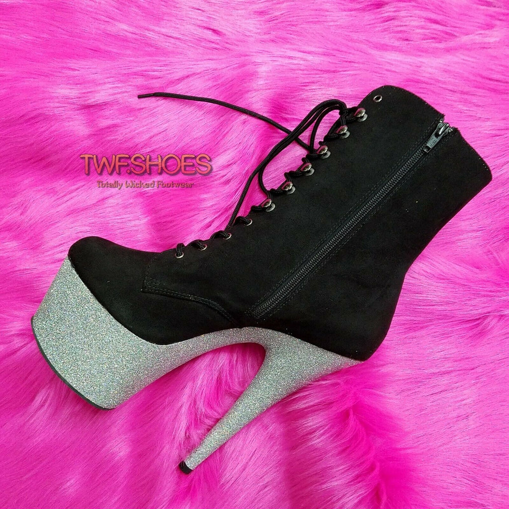 Adore 1020FSMG Black V Suede Silver Glitter 7" High Heel Platform Ankle Boot NY - Totally Wicked Footwear