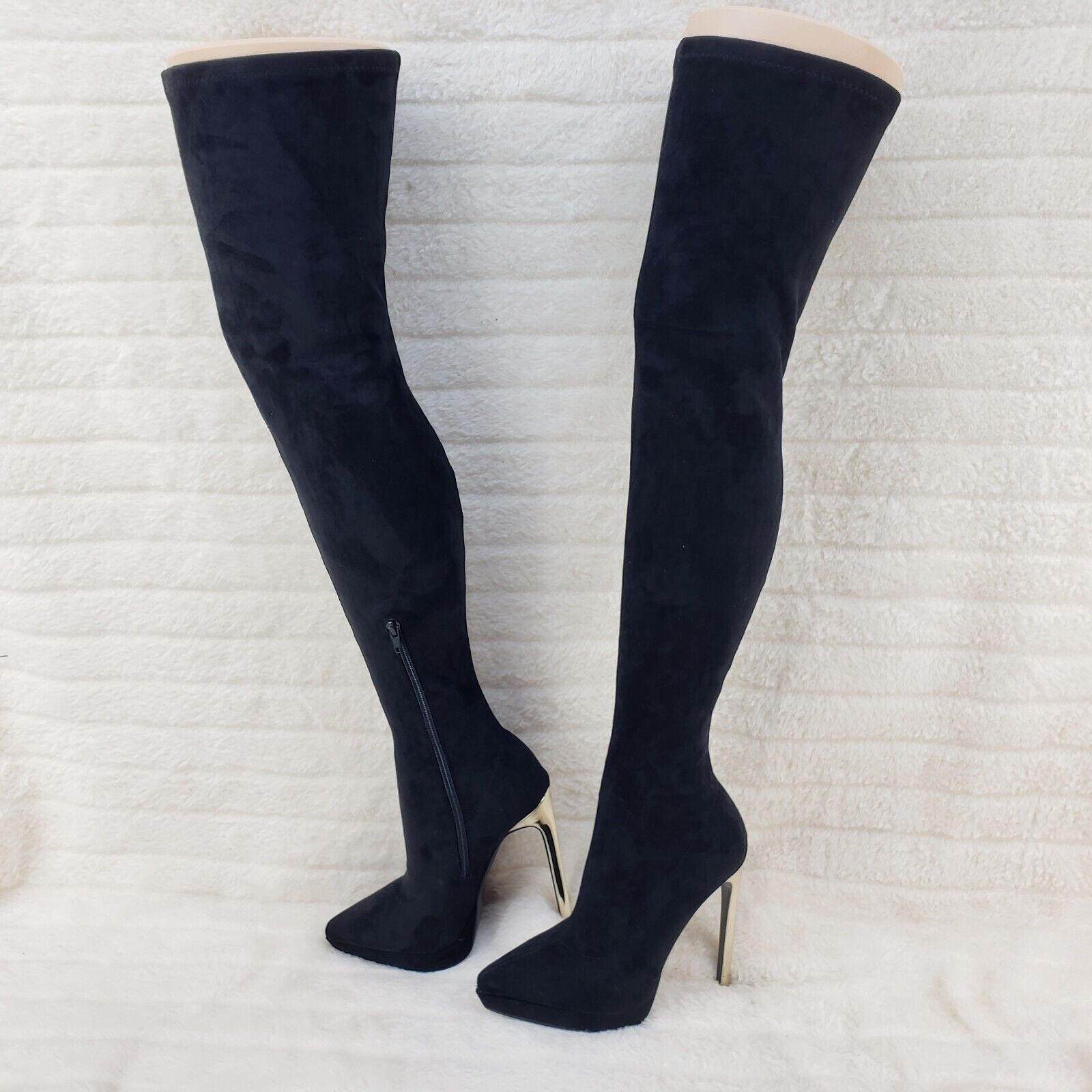 Sexy Girlz Faux Stretch Black Suede High Heel Pointy Toe Platform Thigh Boots - Totally Wicked Footwear