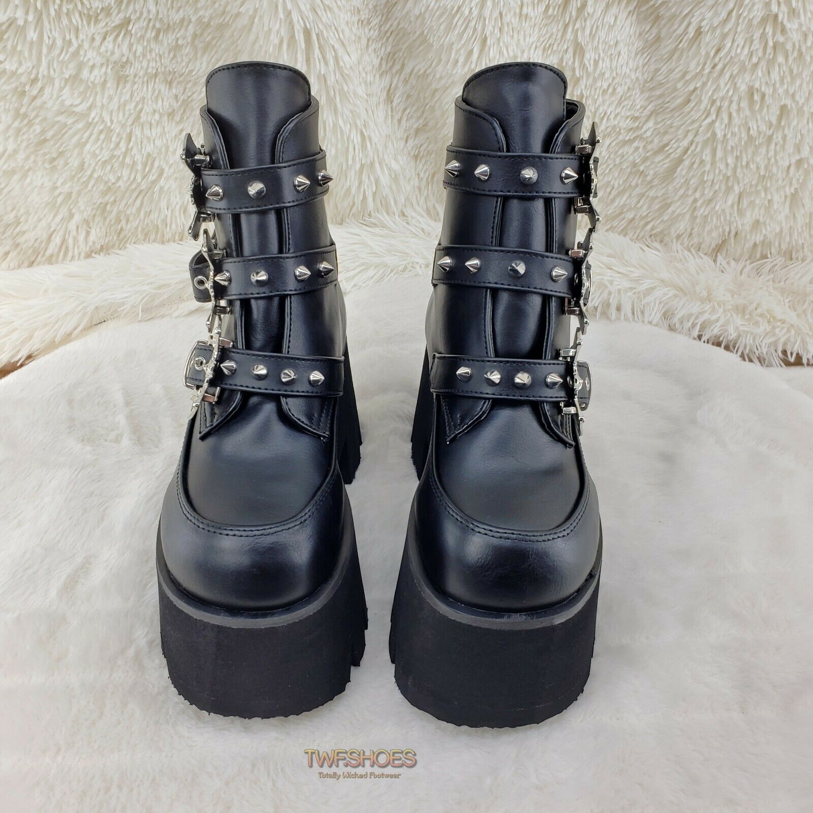 Demonia Ashes 55 Black Bat Buckle 3.5" Platform Heel Goth Boots RESTOCKED NY - Totally Wicked Footwear
