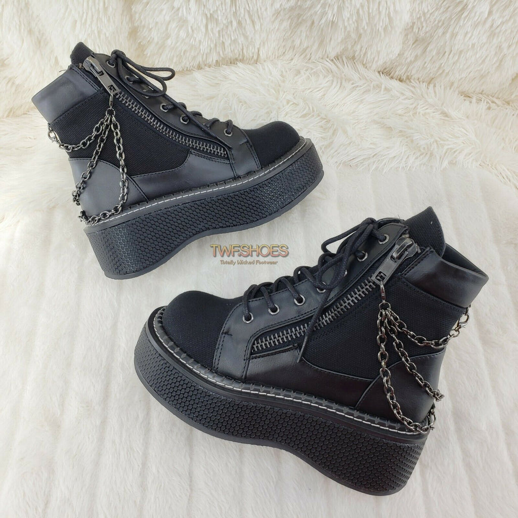 Demonia Emily 114 Black Canvas Chain 2" Platform Punk Goth Ankle Boots NY - Totally Wicked Footwear