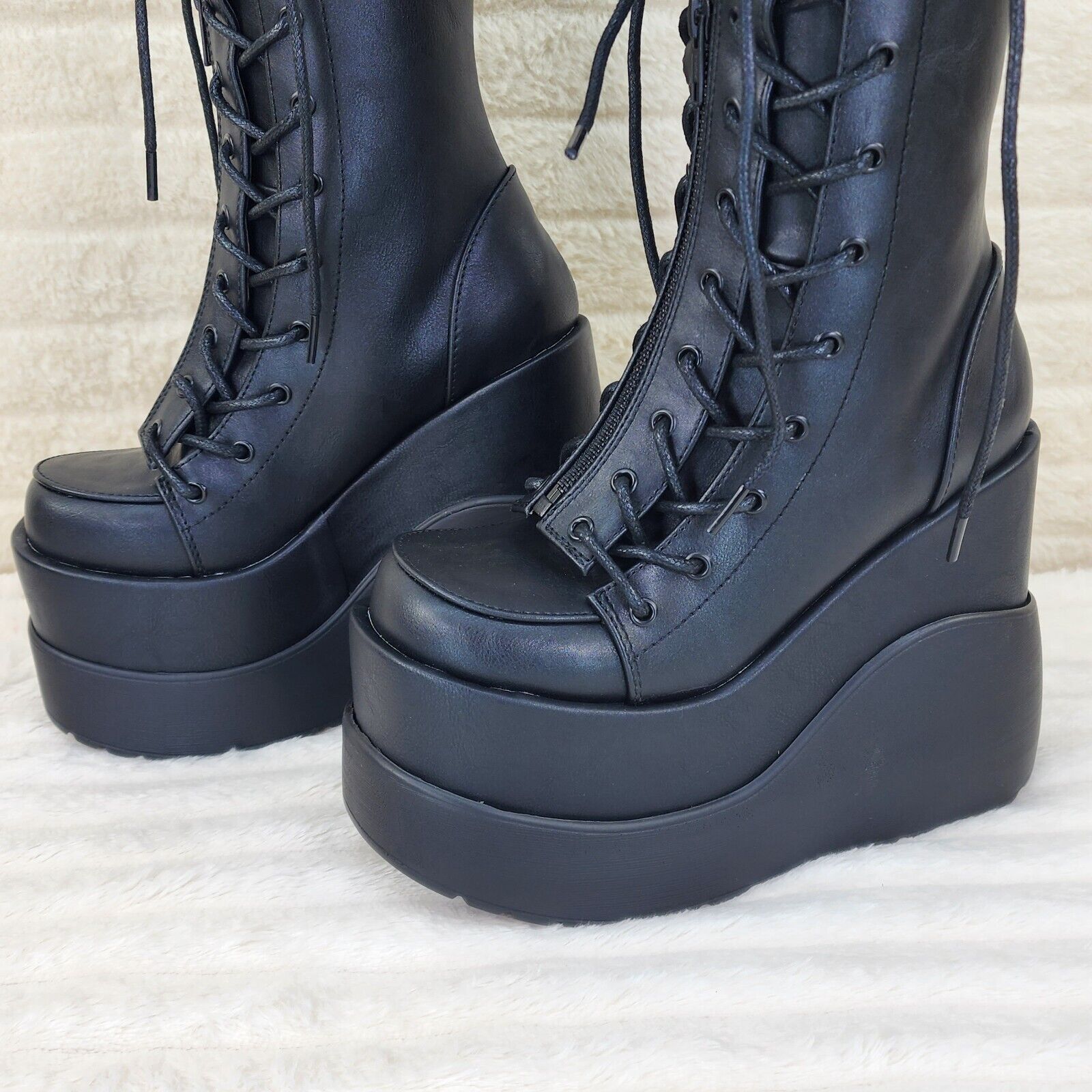 Void Black Matte Reflective Platform Wedge Mid Calf Boots IN HOUSE NY Demonia - Totally Wicked Footwear
