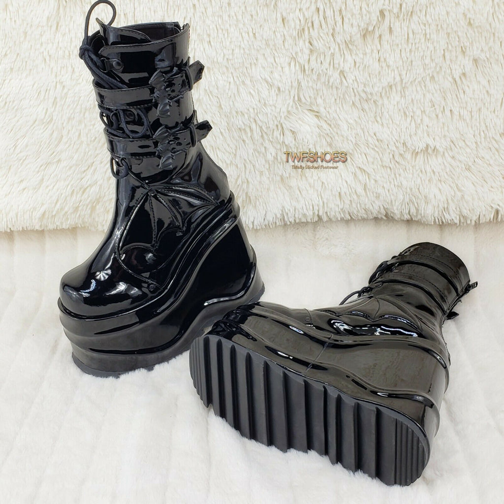 Wave 150 Bat Wing 6" Platform Goth Mid Calf Boots Black Patent In House - Totally Wicked Footwear