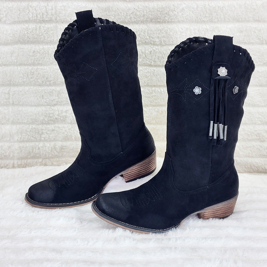 Prairie Girl Black Distressed Tassel Cowboy Cowgirl Pull On Mid Calf Boots - Totally Wicked Footwear