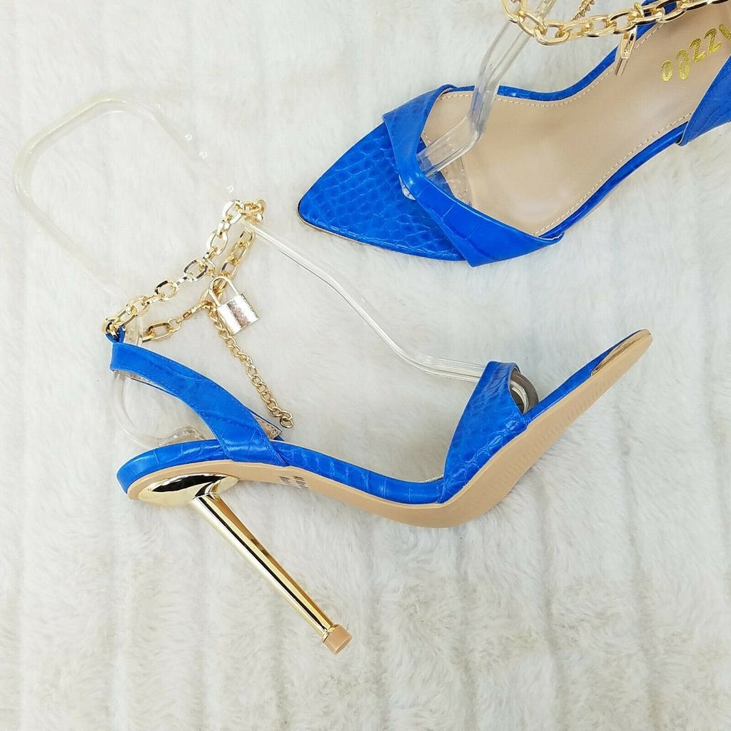 Nicely Pad Lock Chain Strap High Heels Metal Toe Tip Shoes Turquoise Blue - Totally Wicked Footwear