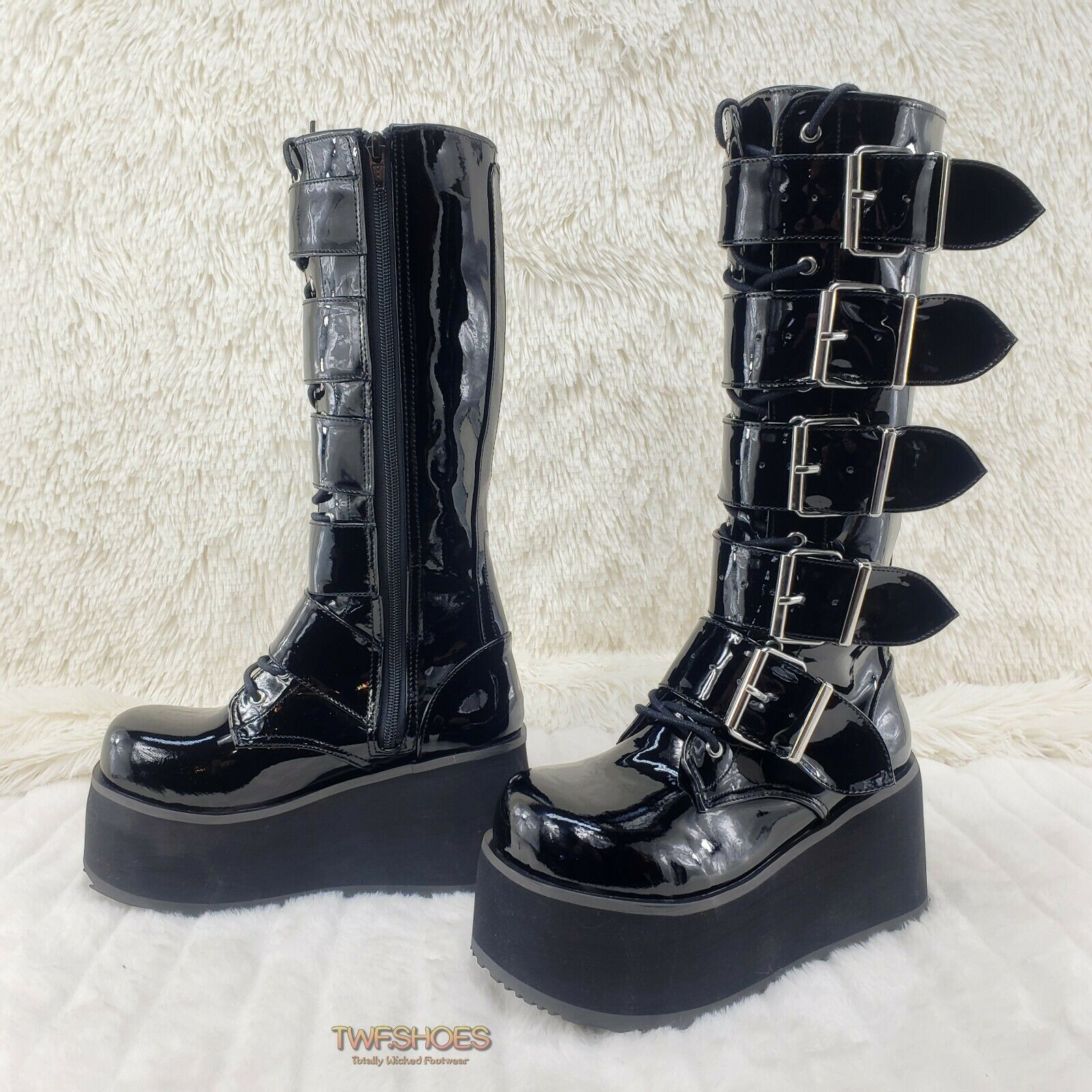Trashville 518 Goth Punk Knee Boots Black Patent Mens US Sizes - Totally Wicked Footwear