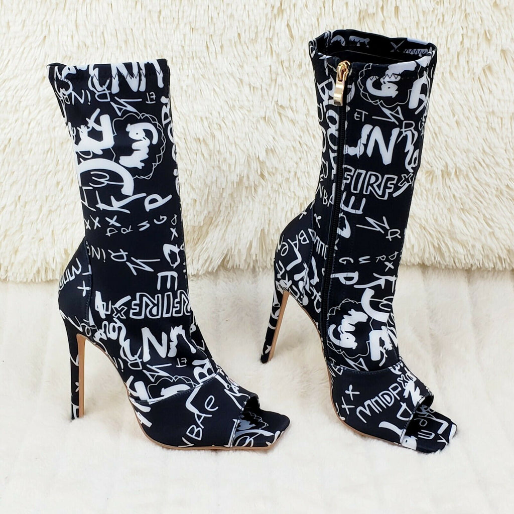 Victoria Black Graphic Stretch Square Open Toe High Heel Ankle Boots - Totally Wicked Footwear