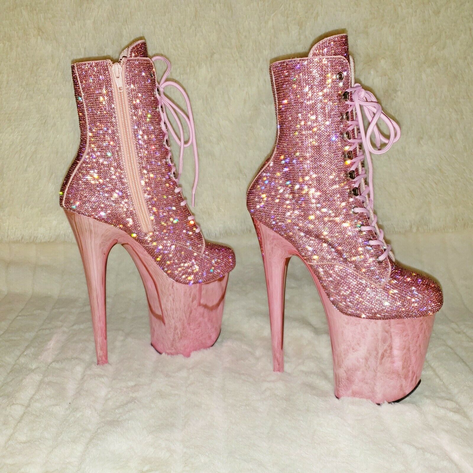 Baby Pink 1020CHRS Bejeweled Rhinestone 8" Heel Chrome Platform Ankle Boots NY - Totally Wicked Footwear