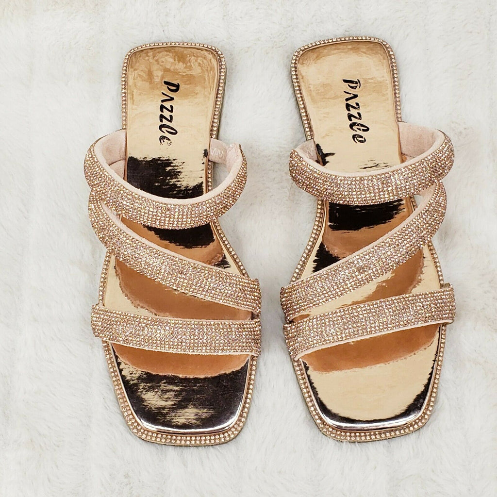 Sparkle Triple Padded Strap Slip On Rose Gold Rhinestone Sandals - Totally Wicked Footwear