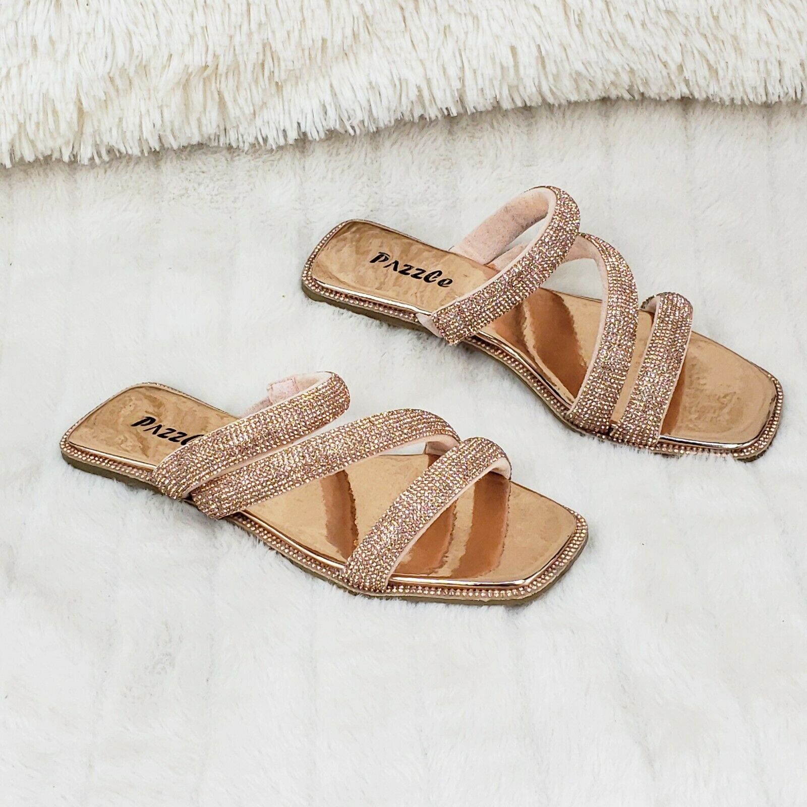 Sparkle Triple Padded Strap Slip On Rose Gold Rhinestone Sandals - Totally Wicked Footwear