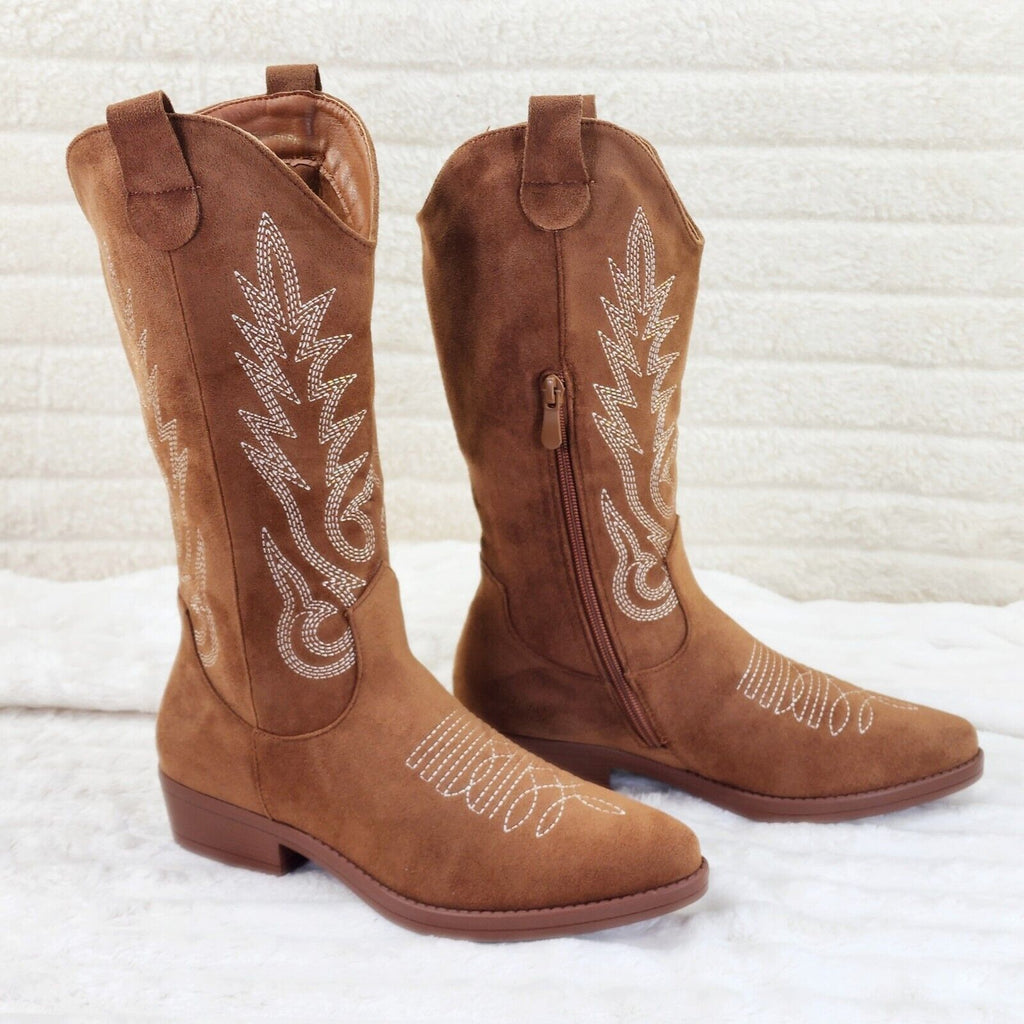 Bella Western Mid-calf Cowboy Cowgirl Boots Tan Low 1.5" Heels Tan Faux Suede - Totally Wicked Footwear