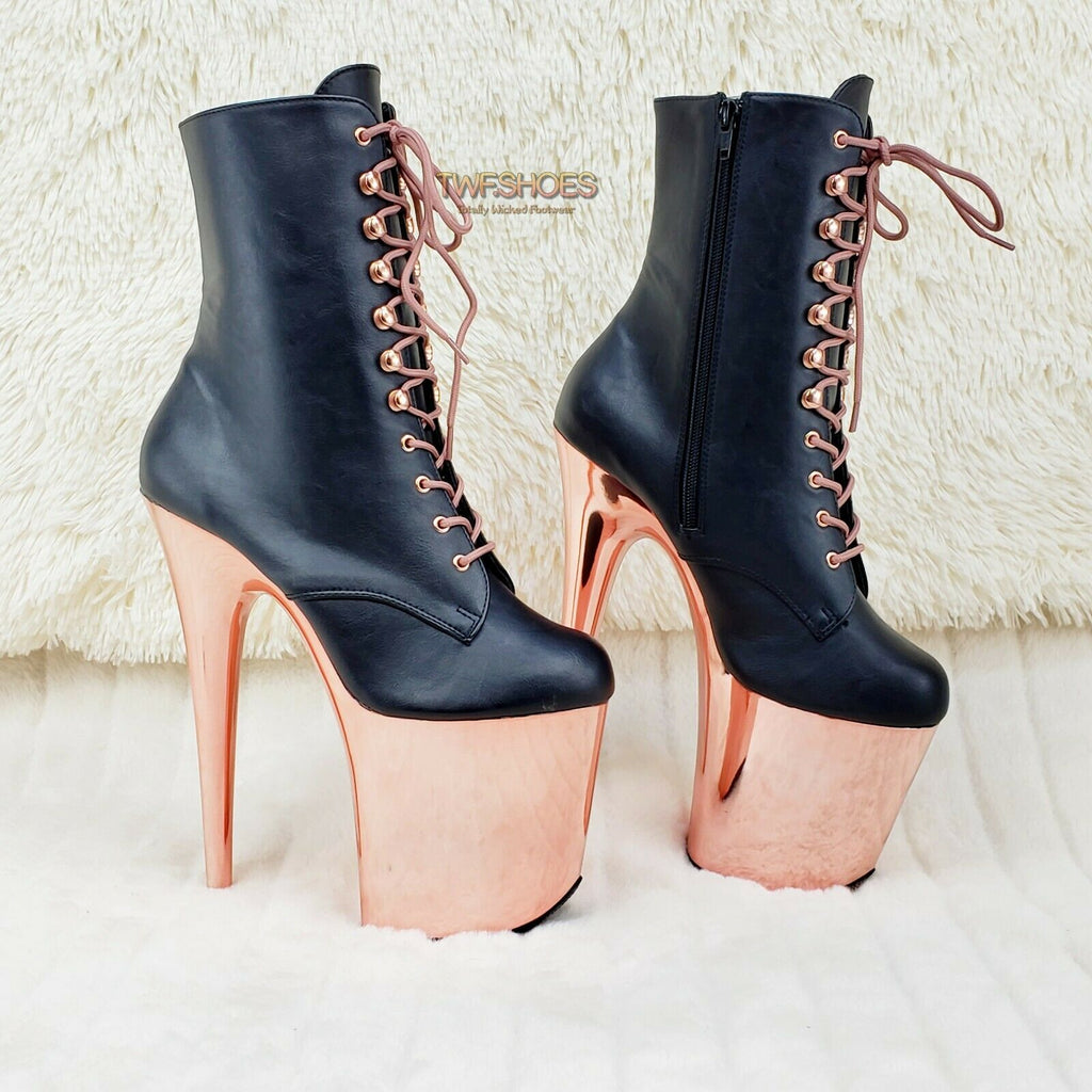 Flamingo 1020 Black Matte Rose Gold Platform 8" Heel Ankle Boots 10 & 12 NY - Totally Wicked Footwear