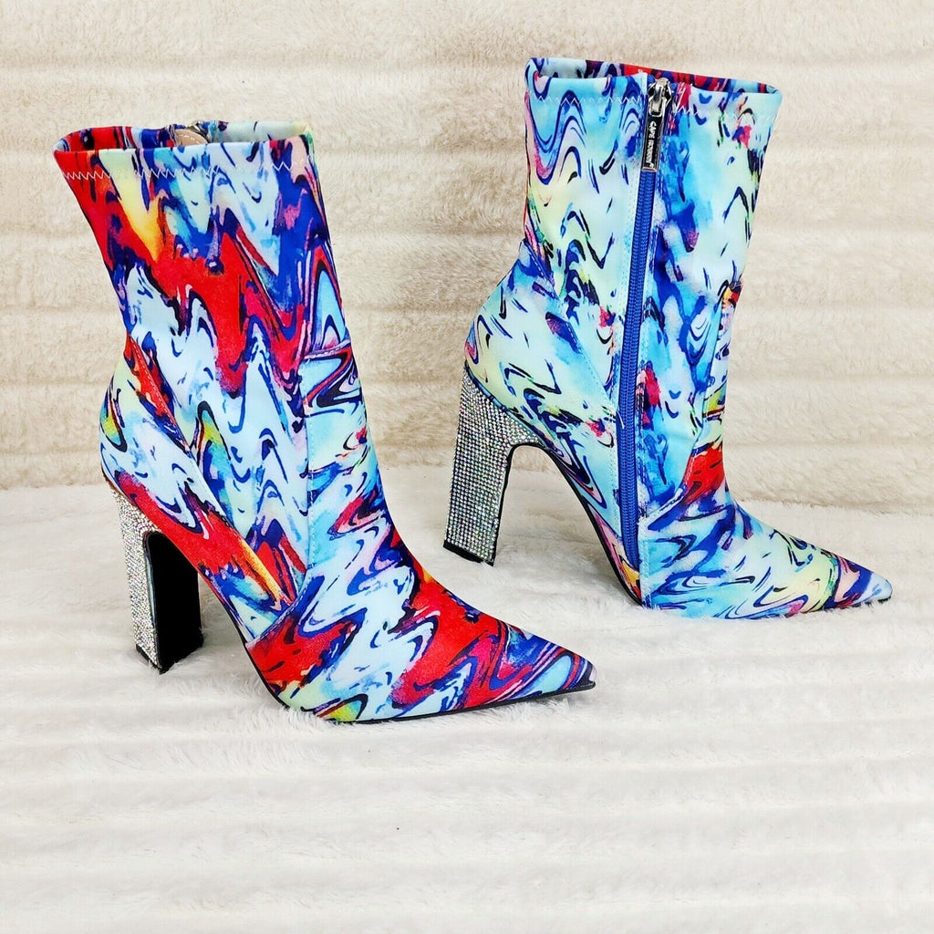 Regal Multi Color Print Stretch Upper Rhinestone Heel Ankle Boots - Totally Wicked Footwear