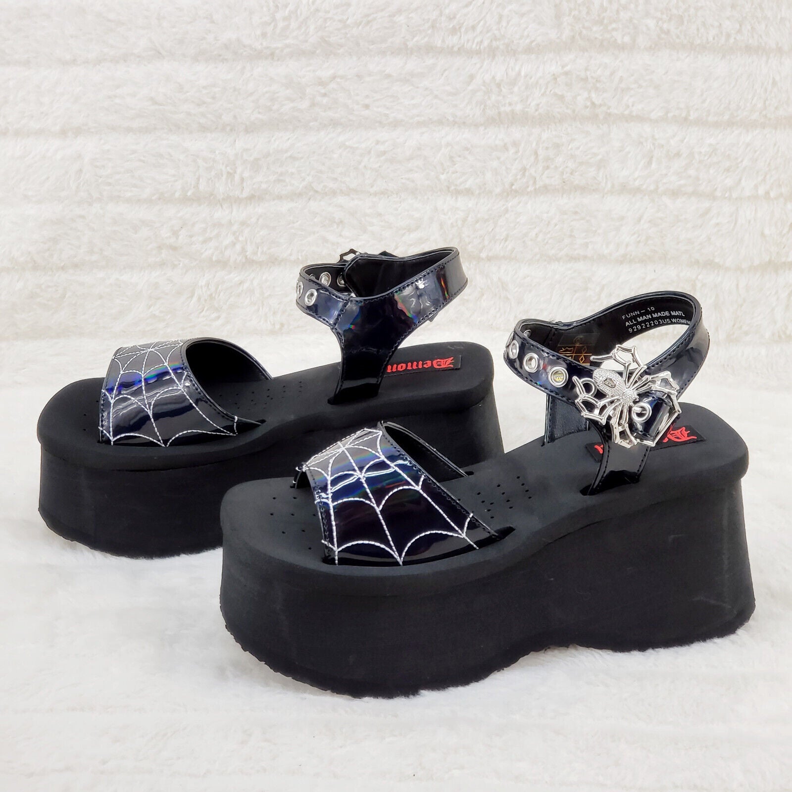Funn Platform Goth Spider Web Sandals Ankle Strap Wedge Shoes Patent In House - Totally Wicked Footwear