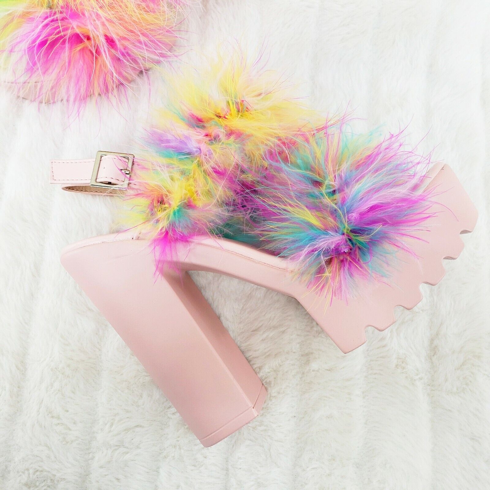 Top Rate Marabou Double Strap Chunky High Heels Platform Sandal Shoes Multicolor - Totally Wicked Footwear