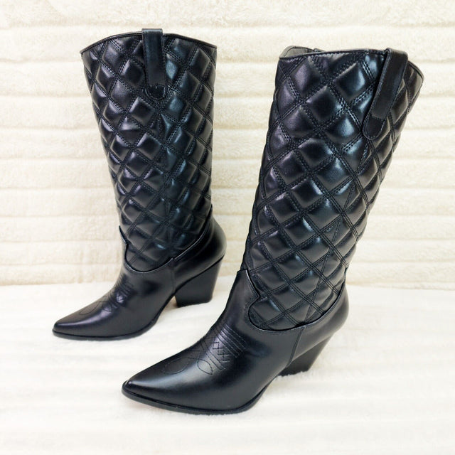 Bells Quilted Faux Leather Western Mid Calf Cowgirl Boots Black - Totally Wicked Footwear
