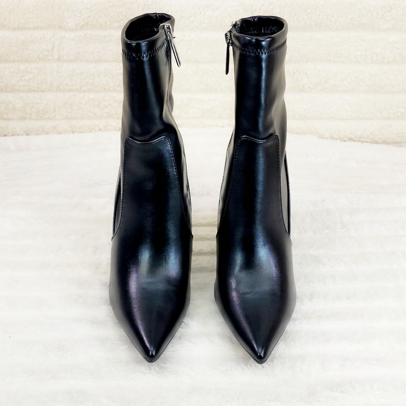 Regal Black Stretch Leatherette Rhinestone Heel Ankle Boots - Totally Wicked Footwear
