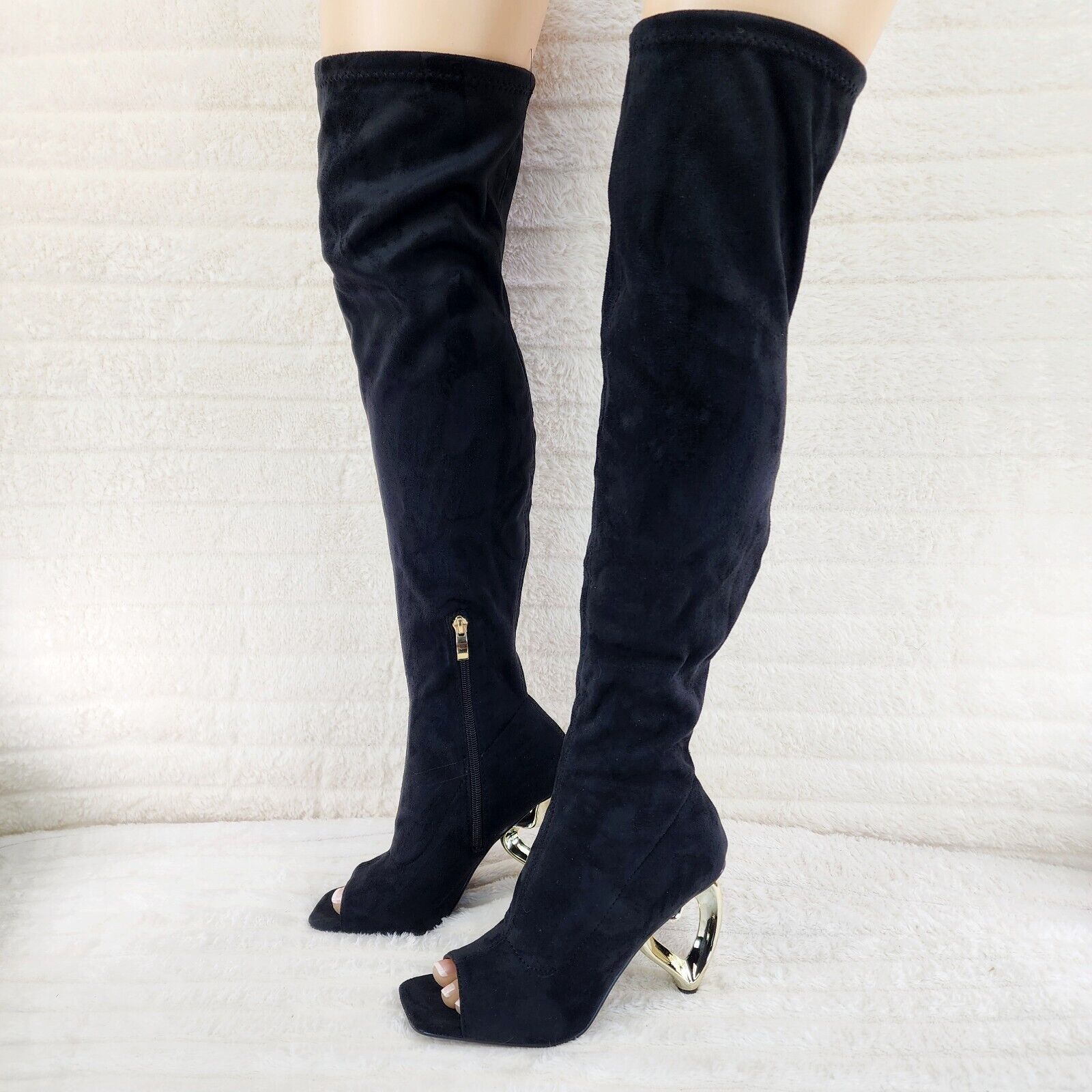 Zen Love Colorful Black Stretch FX Suede Over The Knee Boots Wedge Heart heels - Totally Wicked Footwear