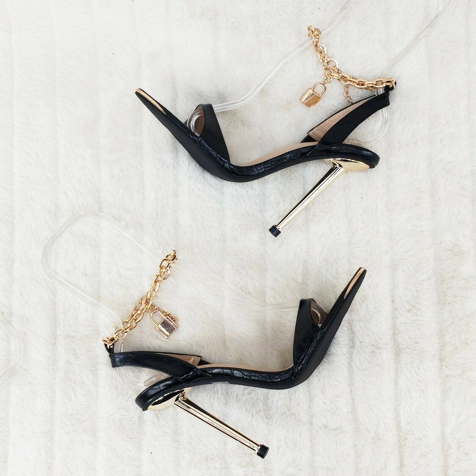 Nicely Pad Lock Chain Strap High Heels Metal Toe Tip Shoes Black - Totally Wicked Footwear
