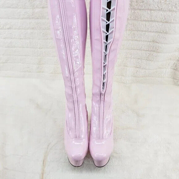 Baby Pink White Patent Platform Thigh High Heel Front Zipper Lace up Boots 3027 - Totally Wicked Footwear