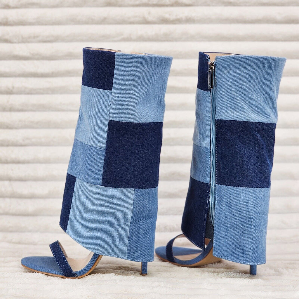 Paris Denim Patchwork Stiletto Fold Over Skirted Shootie Boot Sandals - Totally Wicked Footwear