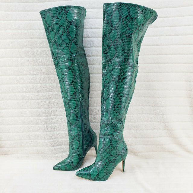 Bad Girlz Green Snake Print Wide Top Thigh High Boots 4" Heels - Totally Wicked Footwear