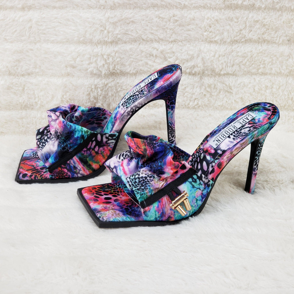 iliana Slip On Sqaure Open Toe High Heel Clogs Mules Slides Multi Color Print - Totally Wicked Footwear