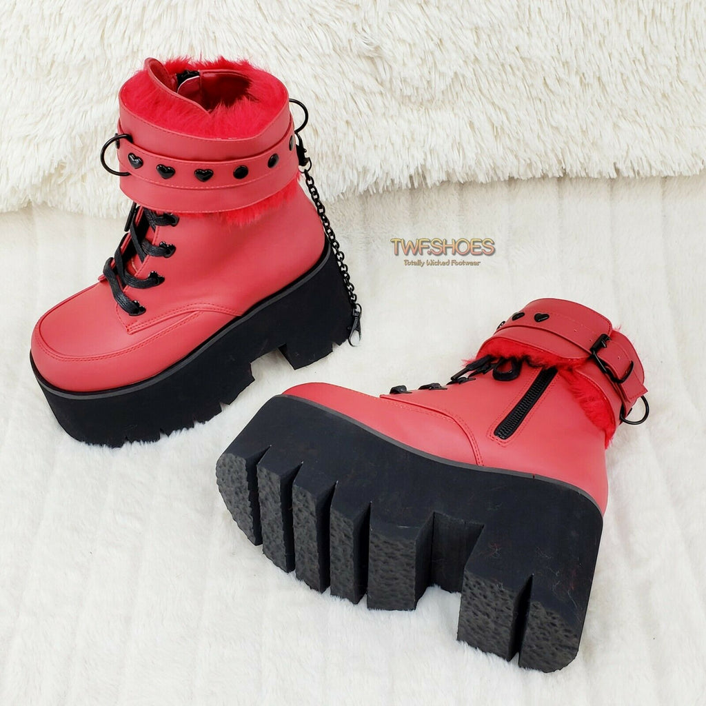 Ashes 57 RED Heart Studs 3.5" Platform Goth Boots Fur Lined Cuffs & Chain NY - Totally Wicked Footwear