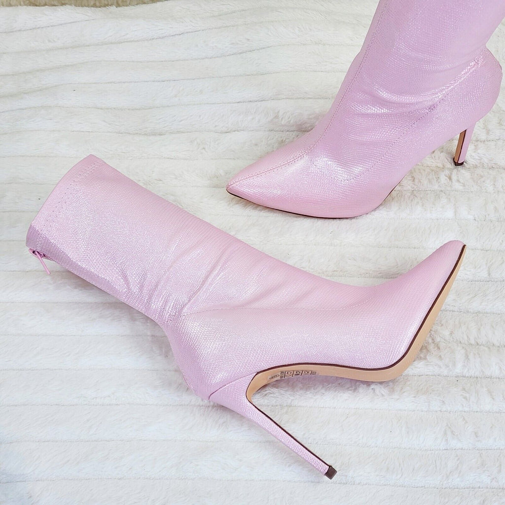 Odin Shimmery Baby Pink High Heel Stretch Fabric Ankle Boots - Totally Wicked Footwear