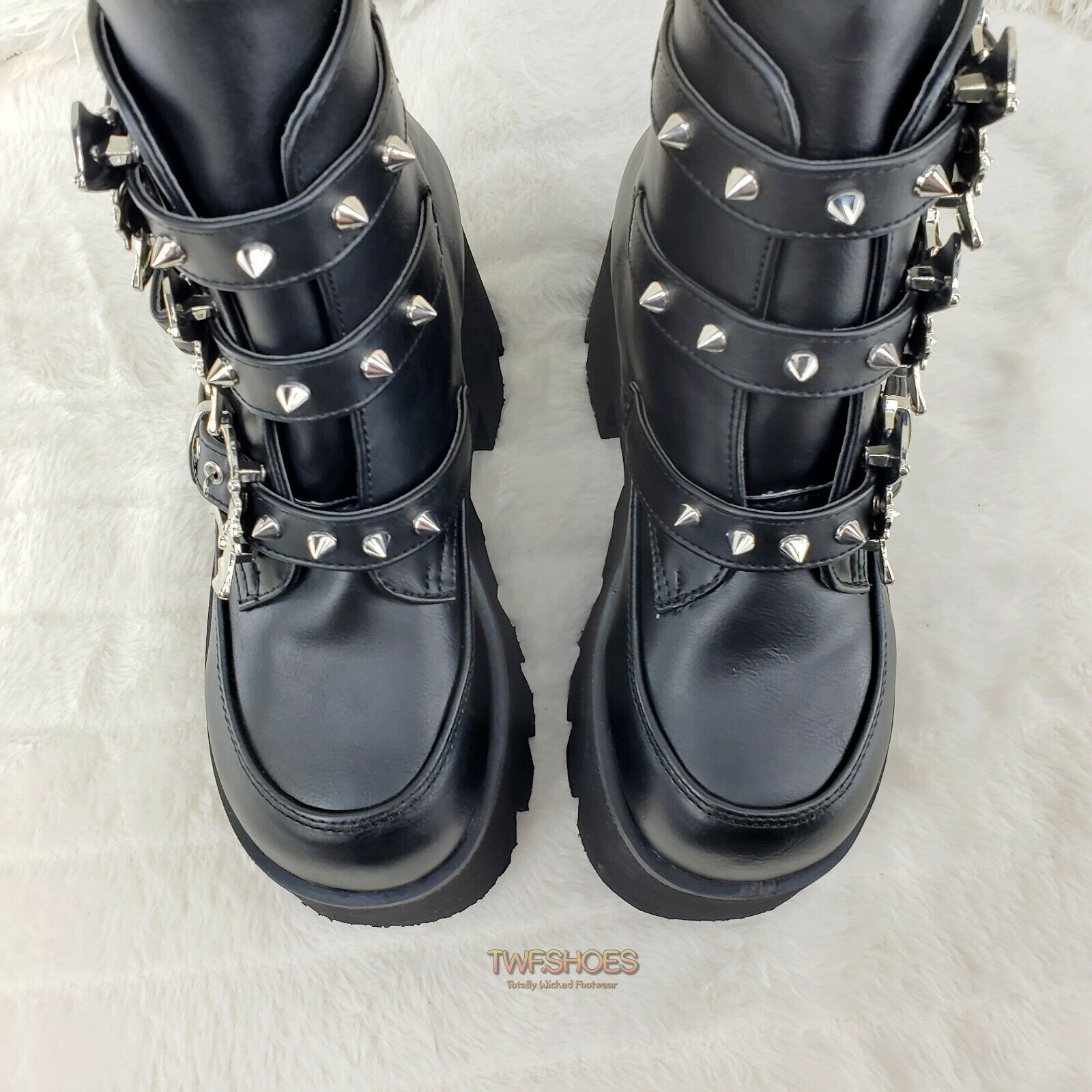 Demonia Ashes 55 Black Bat Buckle 3.5" Platform Heel Goth Boots RESTOCKED NY - Totally Wicked Footwear