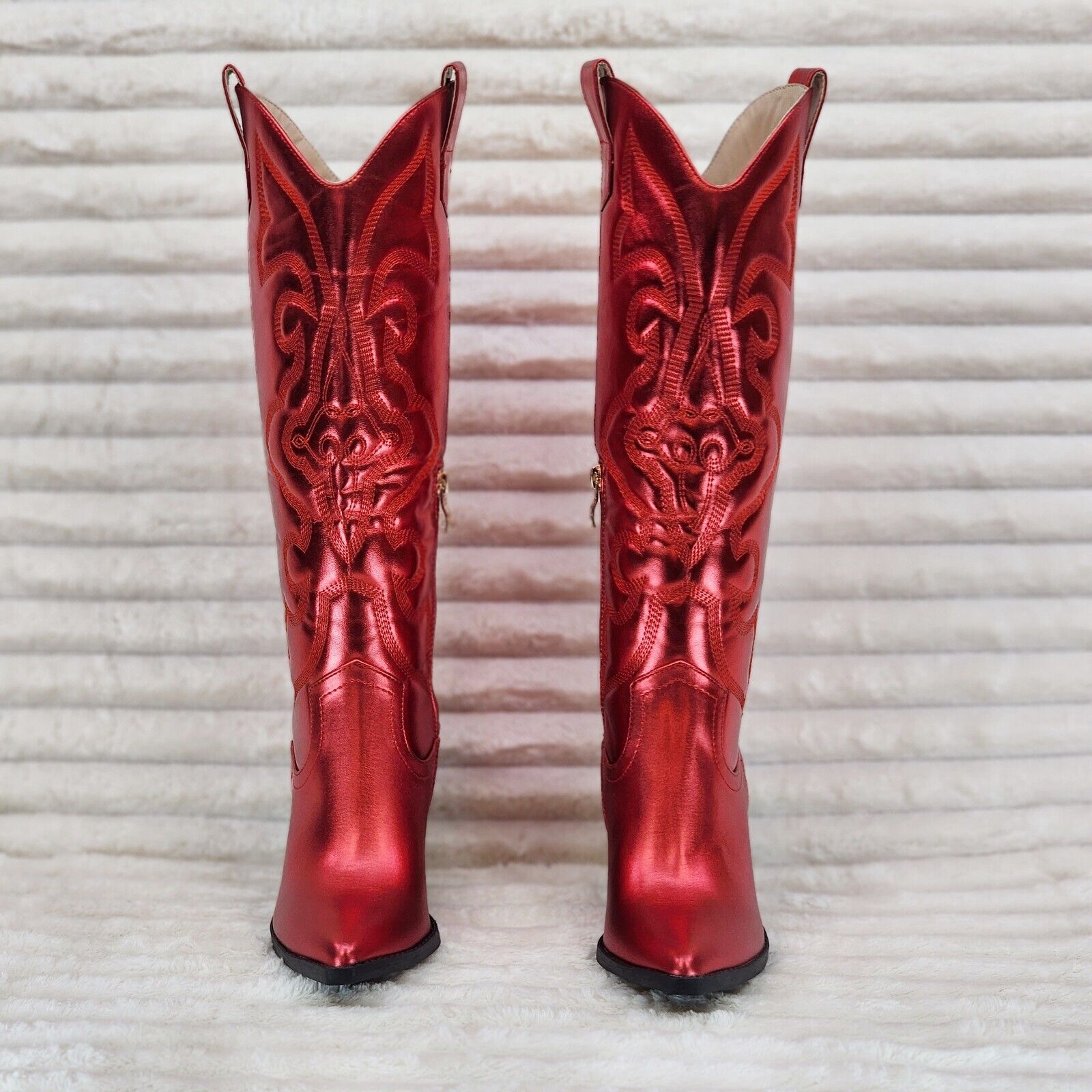 Electric Cowboy Brush Metallic Matte Western Knee High Cowgirl Boots Red - Totally Wicked Footwear