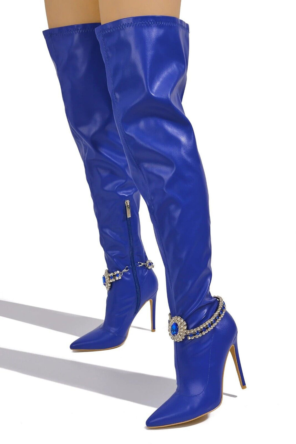 Lawless Bold Blue Stretch Leatherette Rhinestone Ankle Bracelet Thigh High Boots - Totally Wicked Footwear