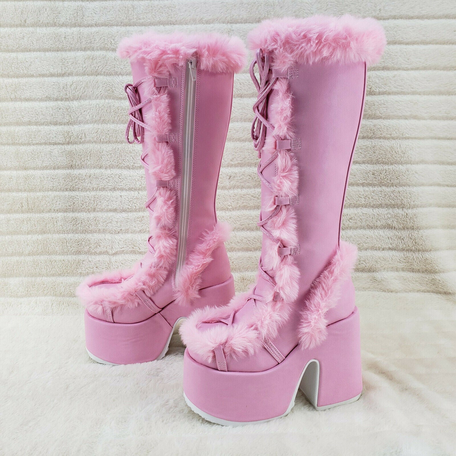 Camel 311 Stacked Baby Pink Stomper Platform Goth Punk Go Go Knee Boots In House - Totally Wicked Footwear