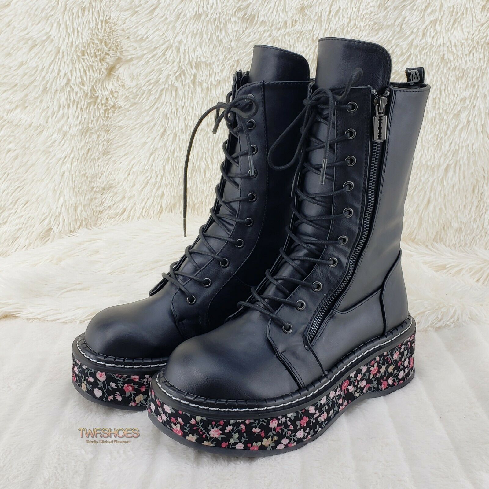 Demonia Emily 350 Black Matte Floral 2" Platform Combat Boots Restocked NY - Totally Wicked Footwear