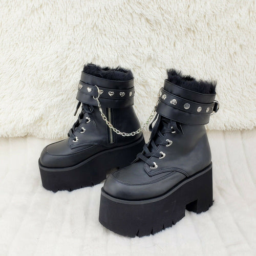 Ashes 57 Black Heart Studs 3.5" Platform Goth Boots Fur Lined Cuffs & Chain NY - Totally Wicked Footwear