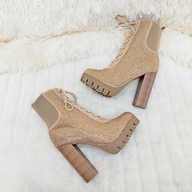 Wild Diva Veronica Rhinestone Chunky Heel Ankle Boots Natural - Totally Wicked Footwear