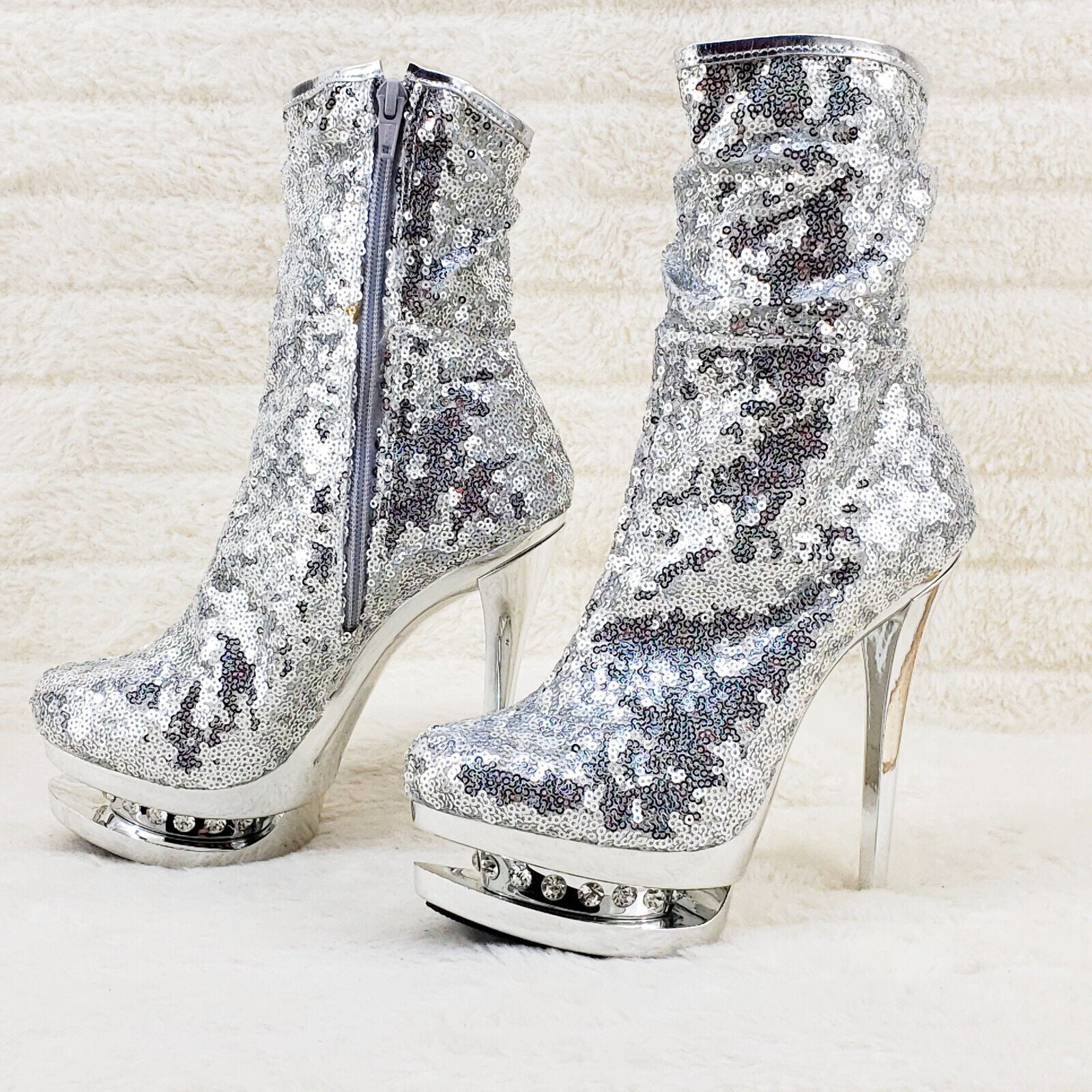 Blondie 1009 Silver Sequin Slouchy High Heel Platform Ankle Boots US Sizes NY - Totally Wicked Footwear