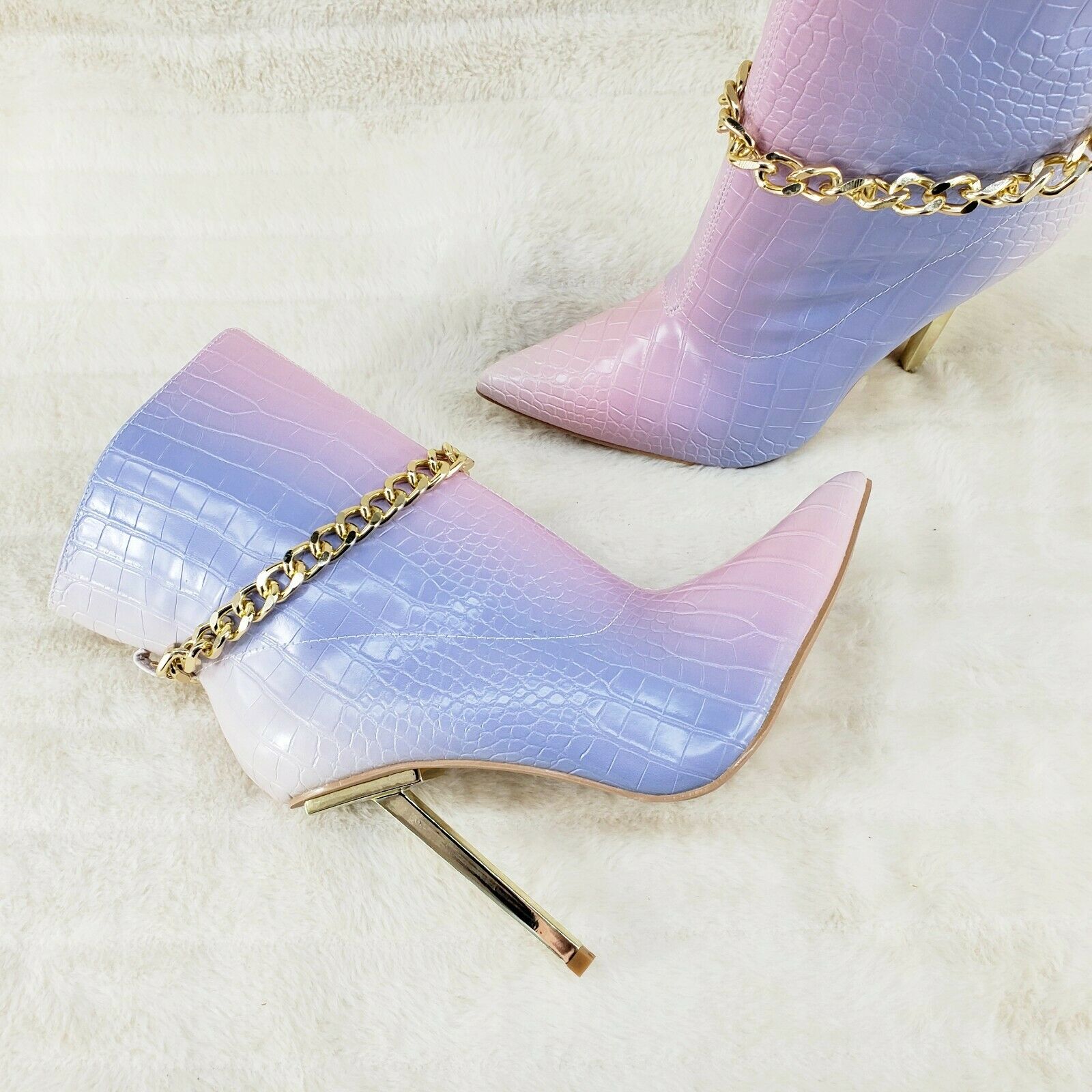 Venomous Pink Lilac Pointy Toe Spike Stiletto Heel Ankle Boots Gold Tone Chain - Totally Wicked Footwear