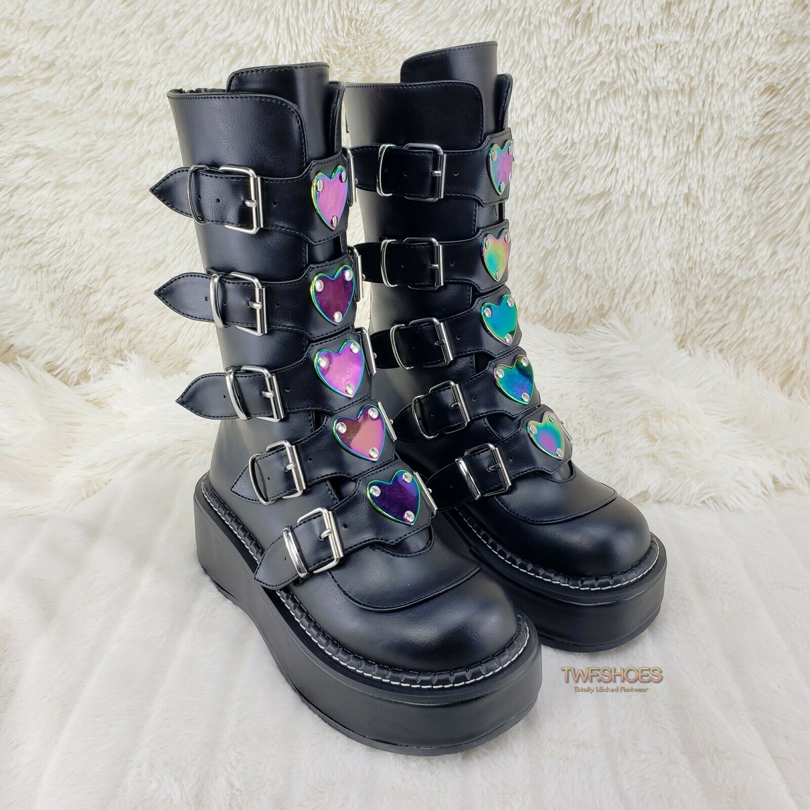 Demonia Emily 330 Black Matte 2" Platform Metal Heart Plate Combat Boots 6-12 NY - Totally Wicked Footwear
