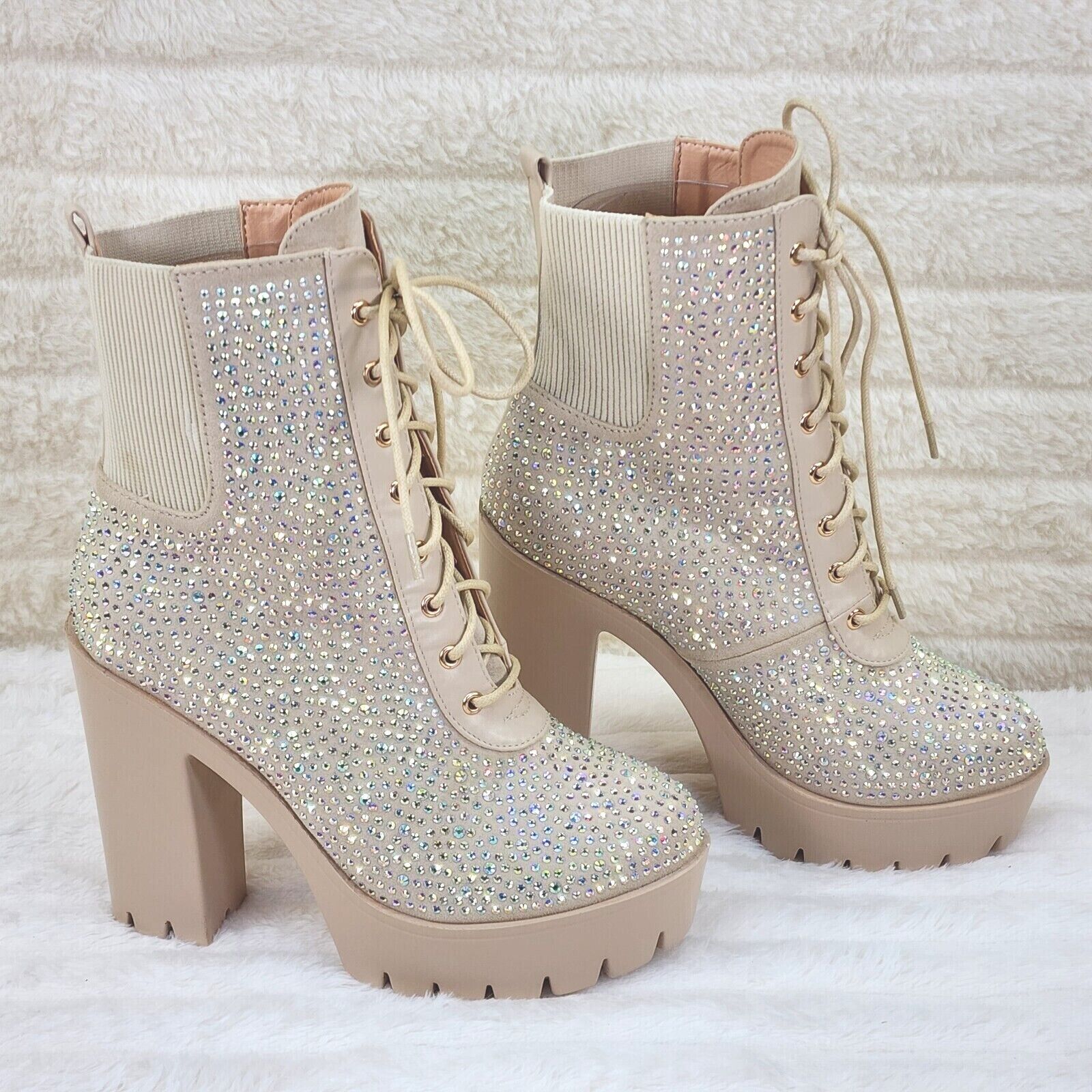 Barri Nude Beige Cream Rhinestone Chunky Heel Platform Ankle Boots - Totally Wicked Footwear