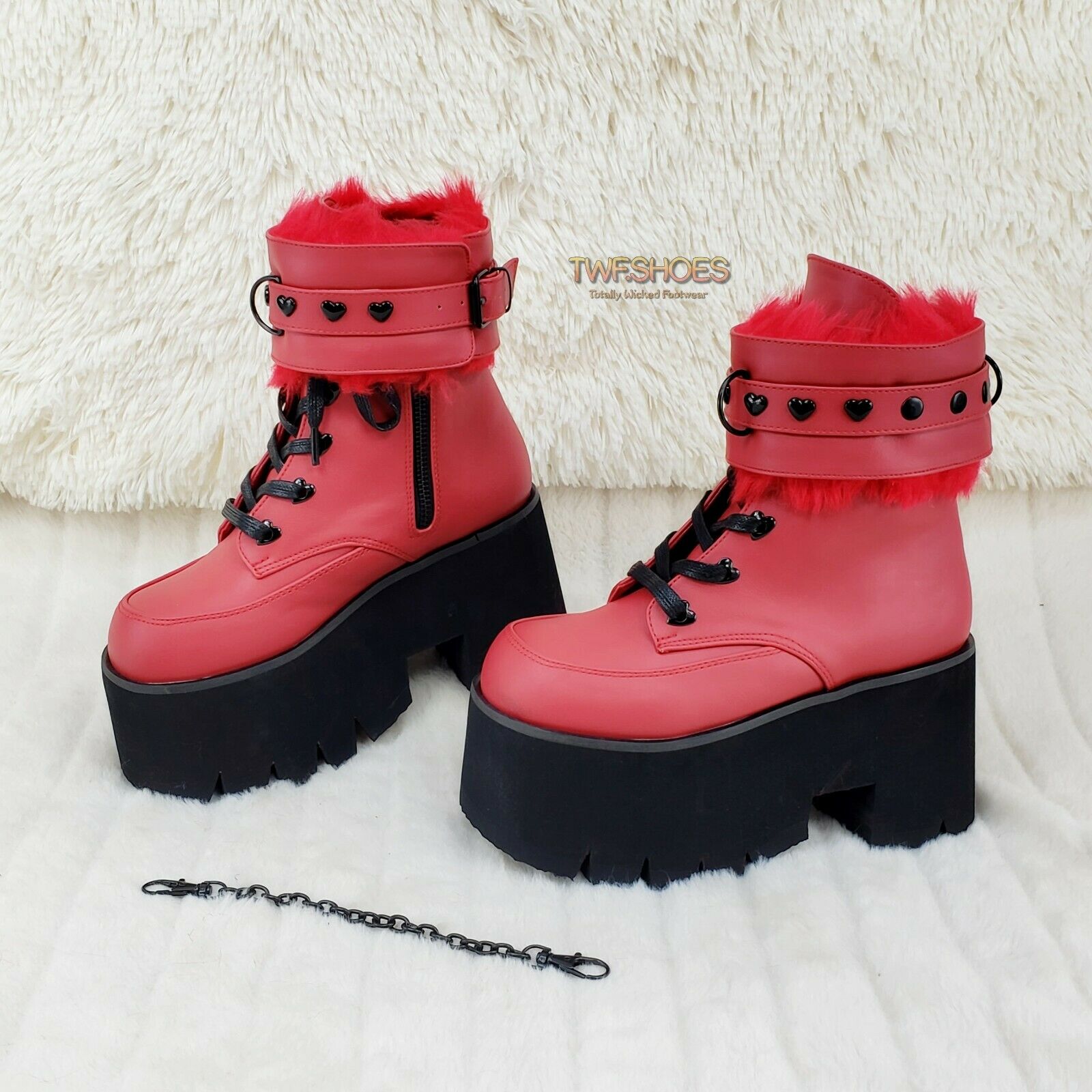 Ashes 57 RED Heart Studs 3.5" Platform Goth Boots Fur Lined Cuffs & Chain NY - Totally Wicked Footwear