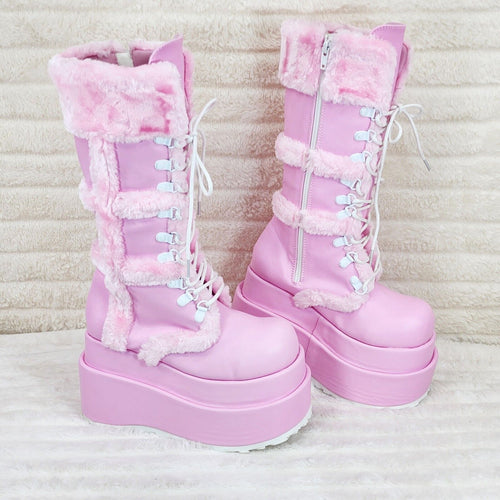 Bear 202 Pink Faux Fur / V Leather Platform Goth Punk Calf Boots NY Stomper - Totally Wicked Footwear