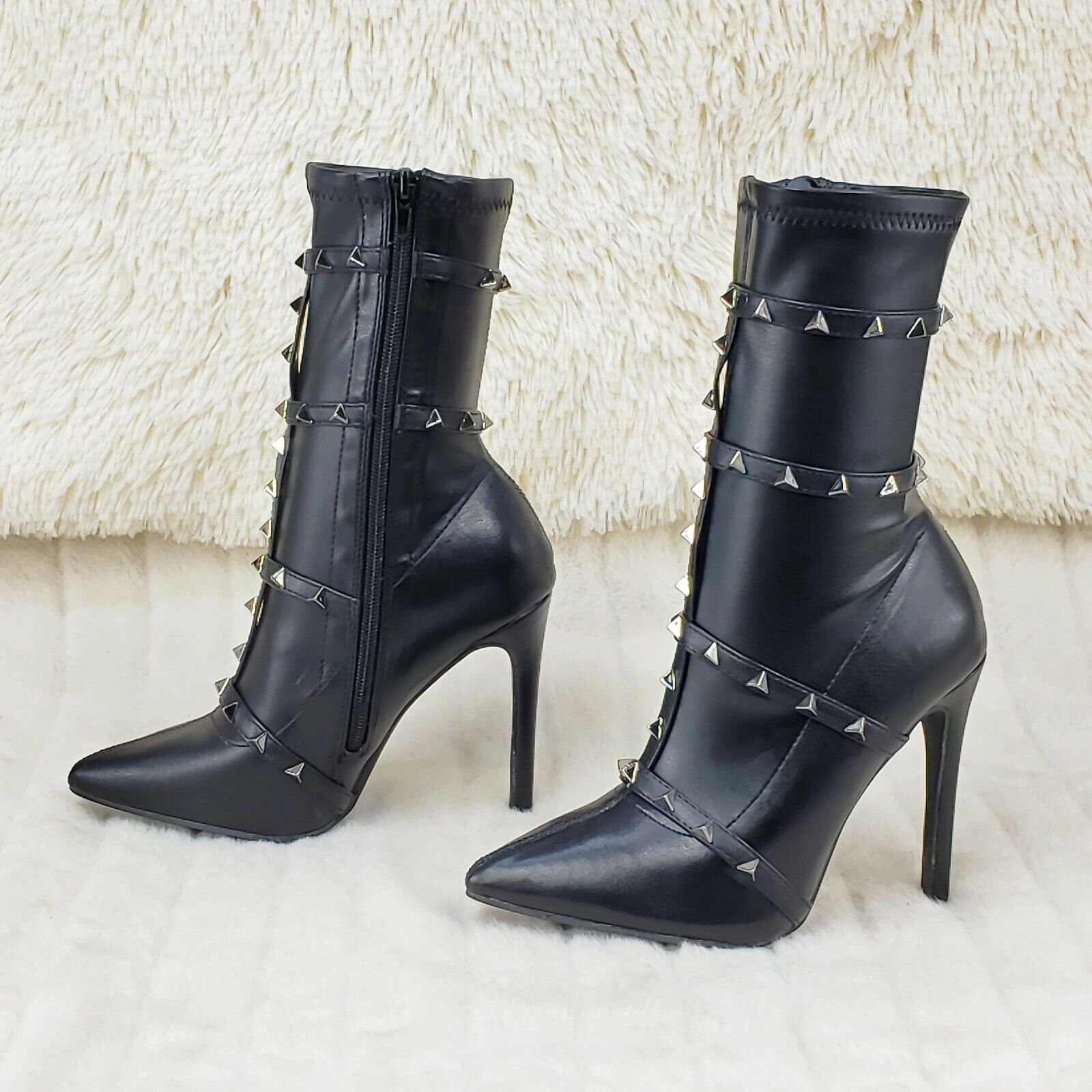 Mark Pyramid Stud Strap High Heel Pointy Toe Stretch Ankle Boots Black - Totally Wicked Footwear