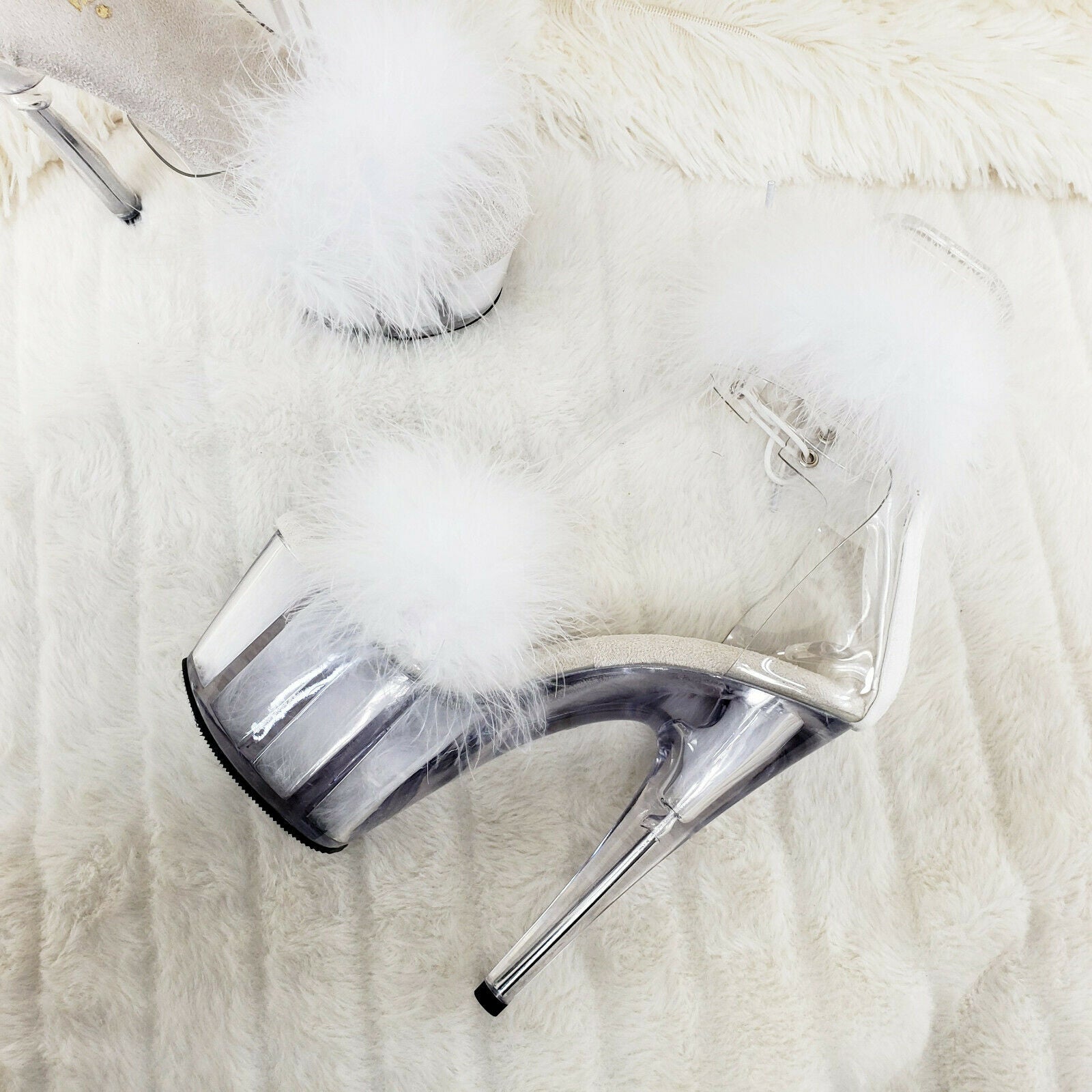 Adore 724 White Marabou Platform Shoes Sandals 7" High Heel Shoes NY - Totally Wicked Footwear