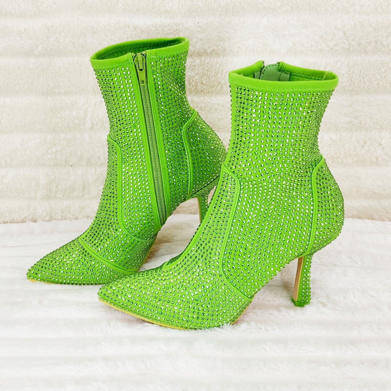 Stunning Fuchsia Bright Green Lime Stretch Rhinestone Ankle Boots 3.5" Heels New - Totally Wicked Footwear