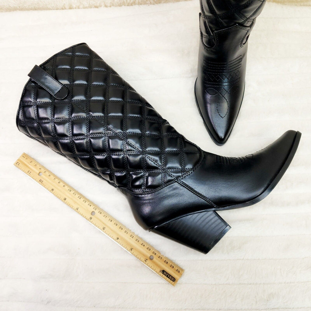 Bells Quilted Faux Leather Western Mid Calf Cowgirl Boots Black - Totally Wicked Footwear