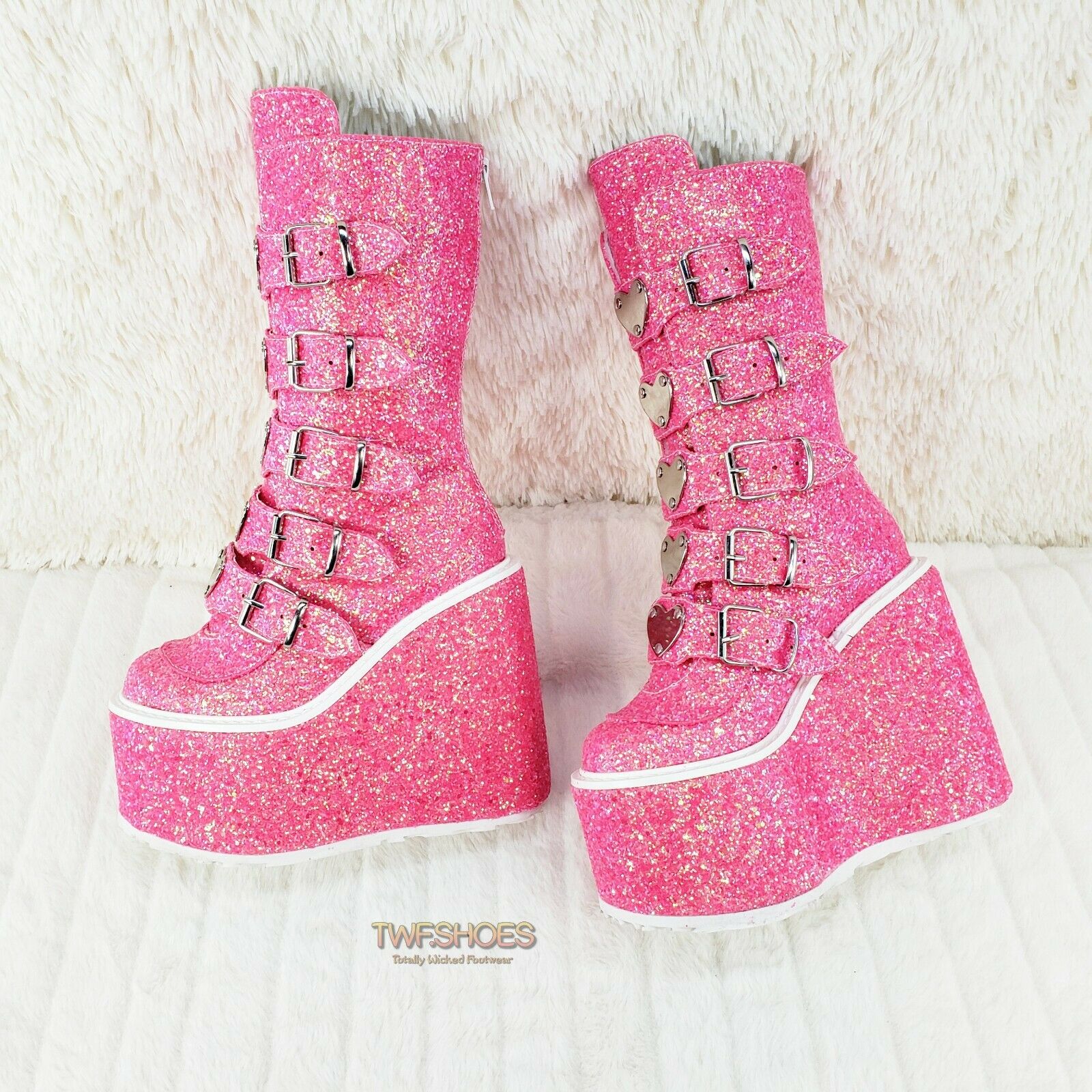 Swing 230G Pink Glitter Boot 5.5" Platform Heart Strap Goth Boots 6 -11  NY - Totally Wicked Footwear