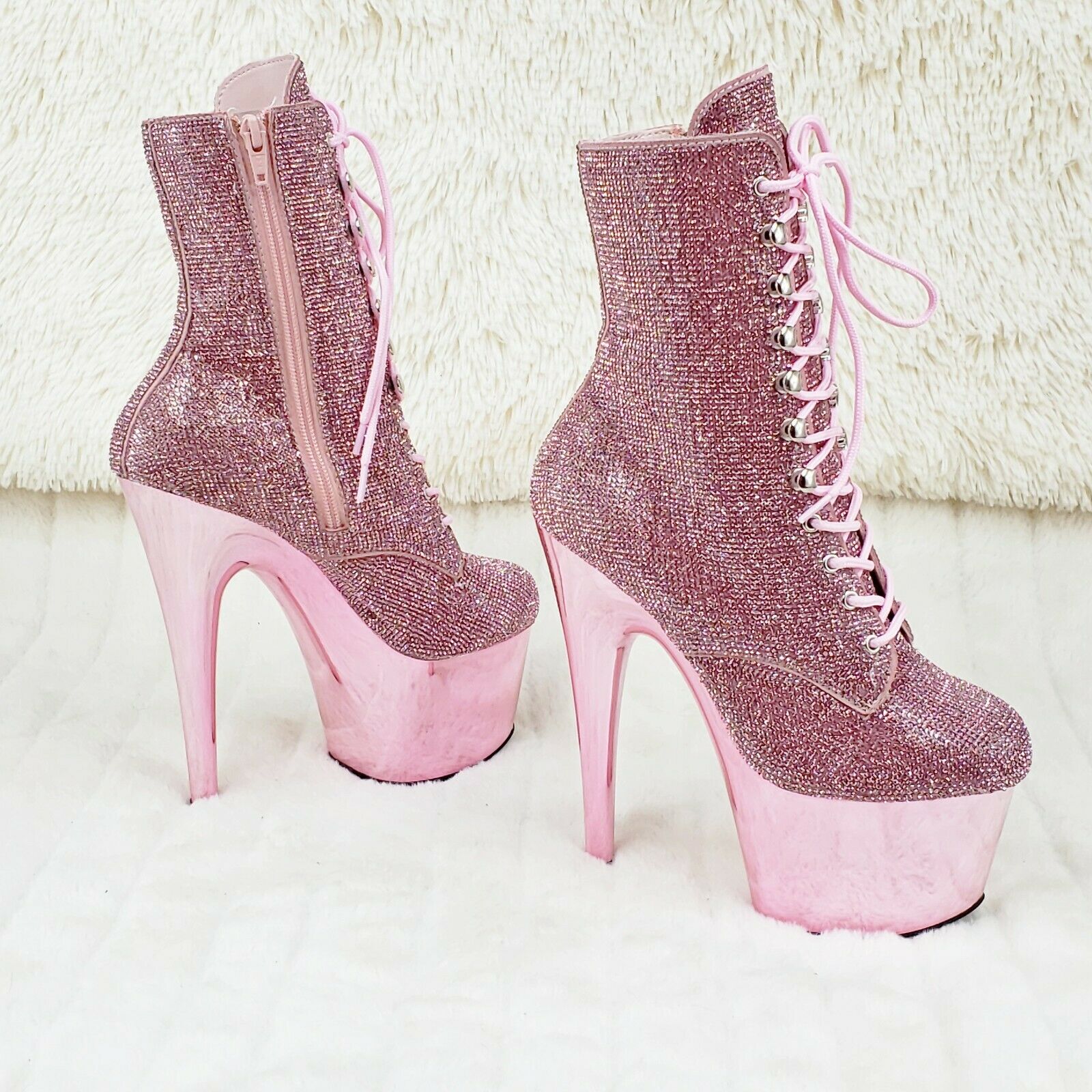 Adore 1020CHRS Bejeweled Lace Up 7" High Heel Chrome Platform Ankle Boots NY - Totally Wicked Footwear