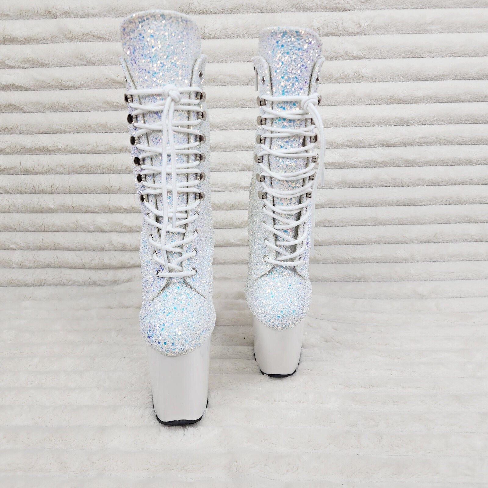 Flamingo White Ice UV Glitter 8" Heel Platform Ankle Boots US 6-12 NY - Totally Wicked Footwear