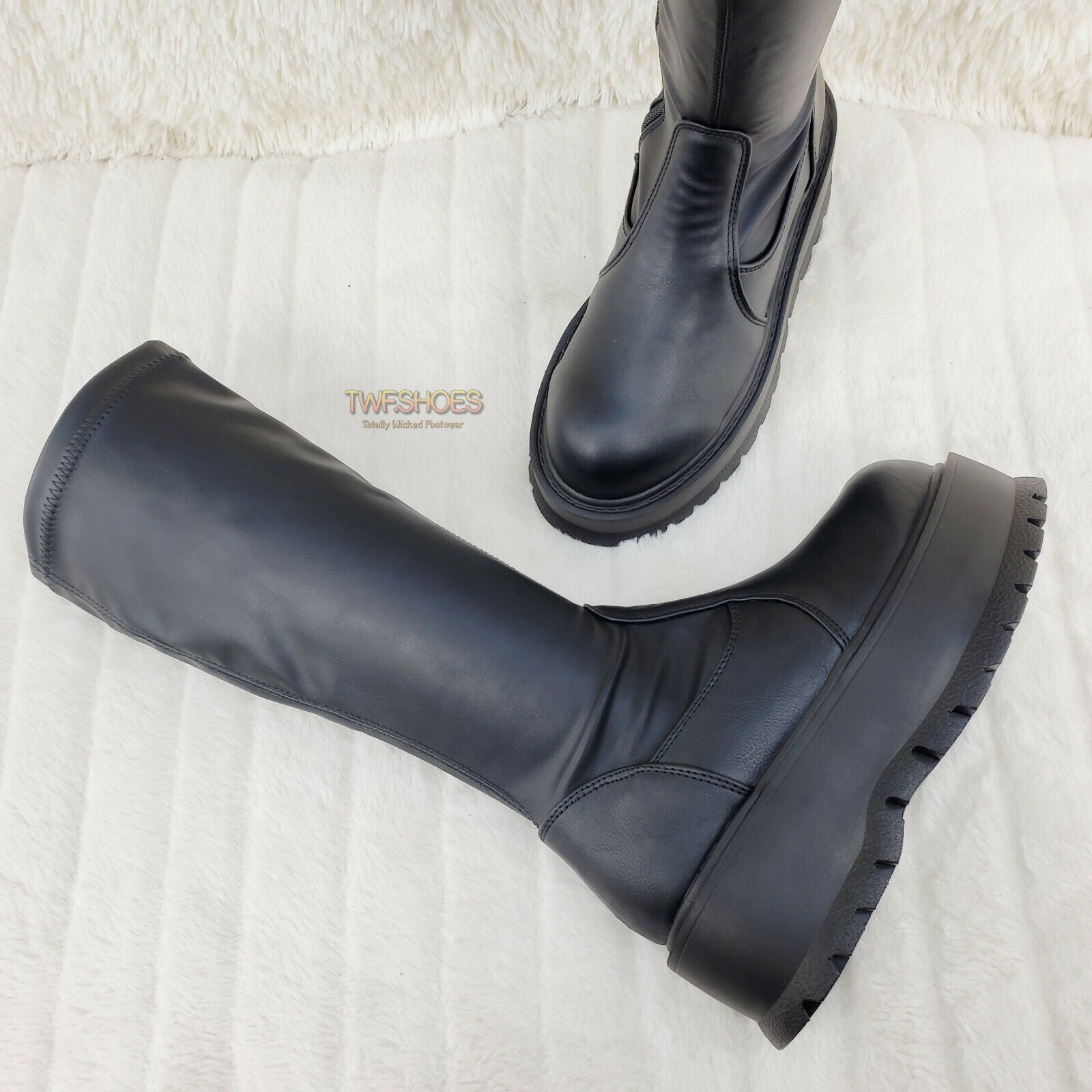 Demonia Slacker 200 65 Black Matte Platform Wedge Heel Knee Boots NY - Totally Wicked Footwear